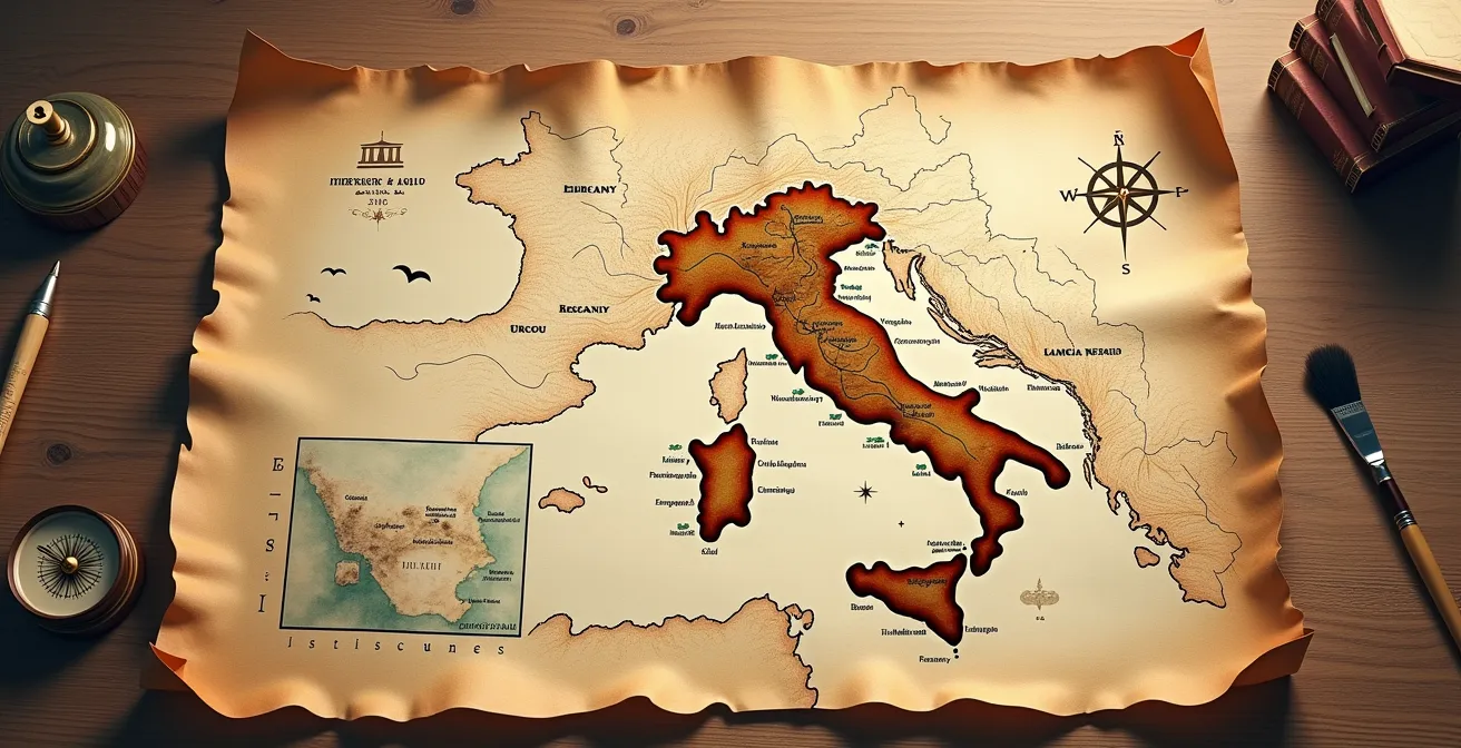 Carte stylisée de Toscane et Italie centrale montrant un itinéraire culturel connectant Florence, Urbino, Mantoue et Ravenne avec des lignes de parcours et symboles artistiques