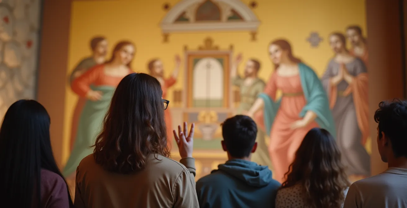 Groupe de voyageurs écoutant attentivement une guide conférencière devant une fresque Renaissance, interaction pédagogique authentique