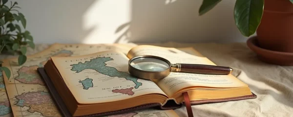 Voyageur contemplant des plans d'itinéraire culturel avec documents, cartes et notes historiques sur table de travail, immersion culturelle Italie