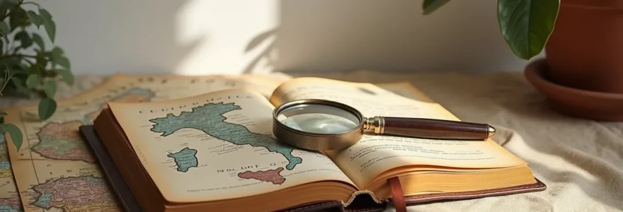 Voyageur contemplant des plans d'itinéraire culturel avec documents, cartes et notes historiques sur table de travail, immersion culturelle Italie