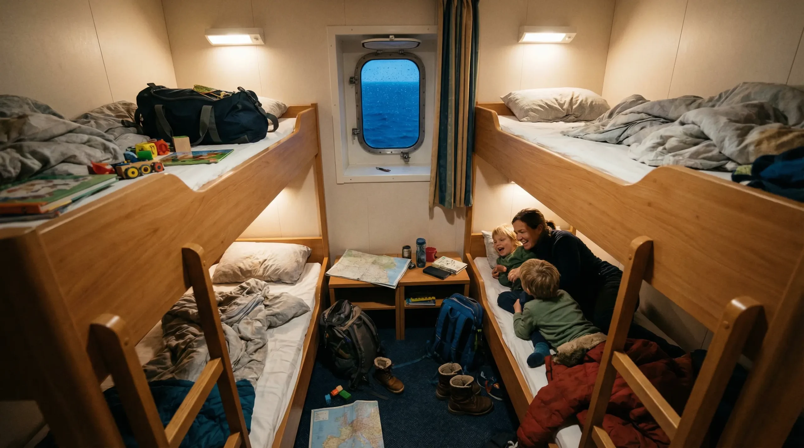 Intérieur d'une cabine ferry avec couchettes et hublot sur mer nocturne