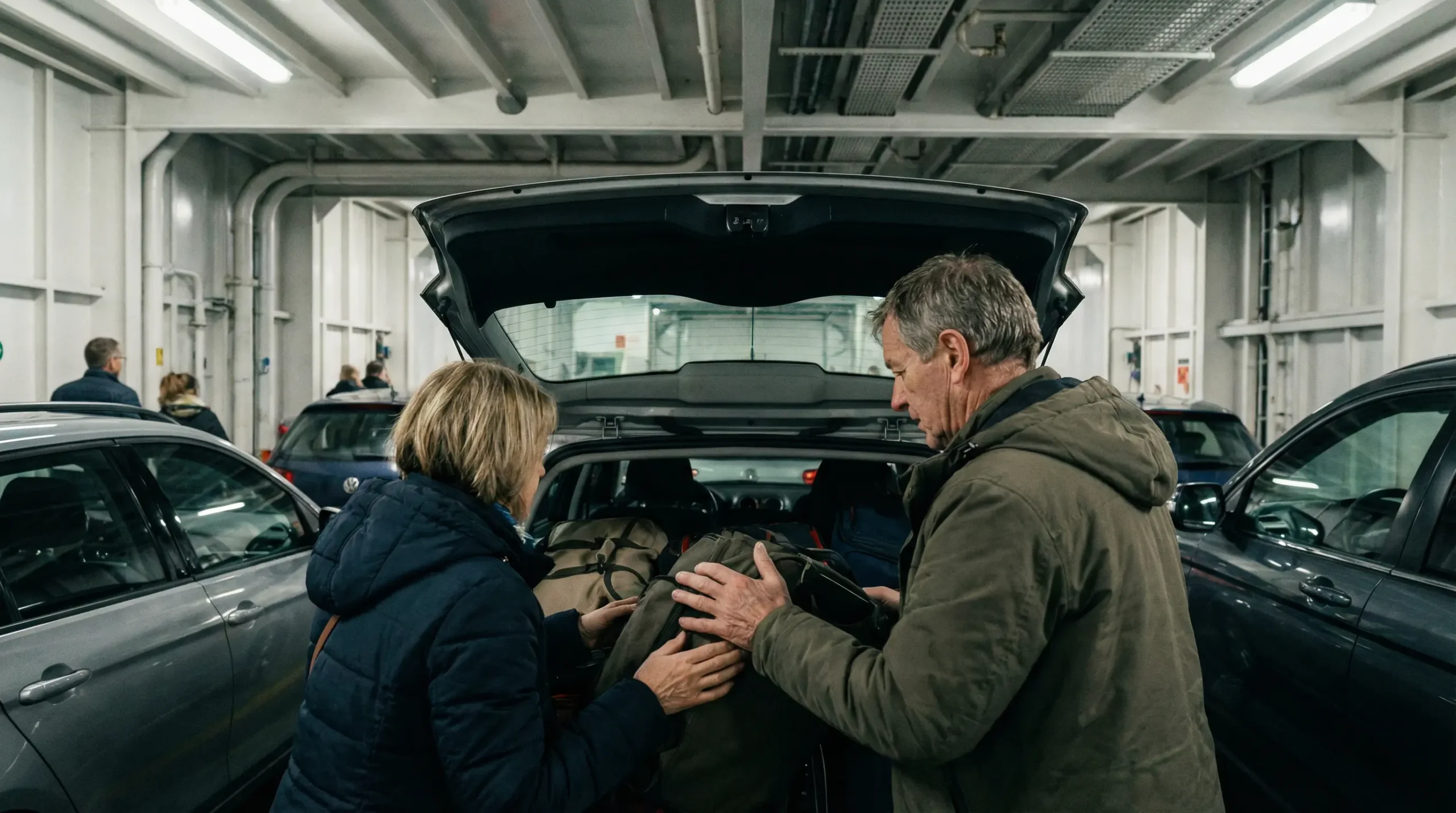 Couple chargeant leurs bagages dans le coffre sur le pont véhicules du ferry