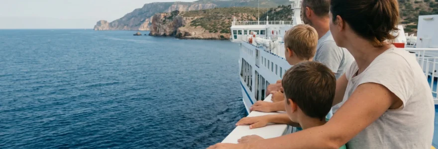 Famille observant la côte sarde depuis le pont d'un ferry en Méditerranée