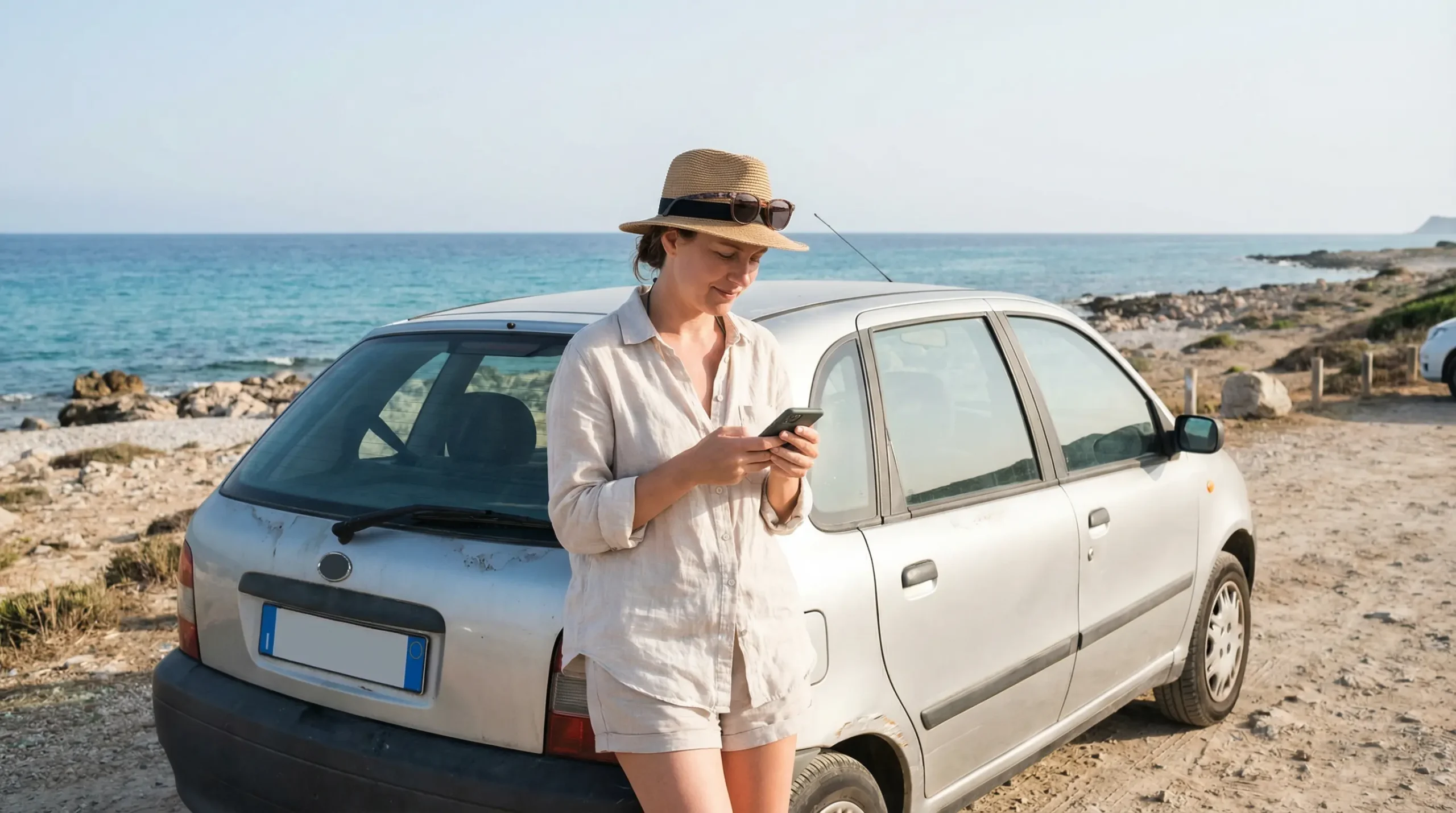 Voyageuse consultant son téléphone près de sa voiture sur un parking côtier sarde