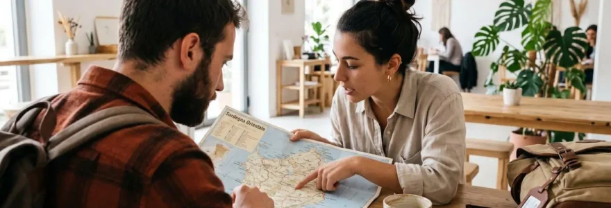 Un couple vu de dos consulte ensemble une carte de la Sardaigne posée sur une table en bois, dans un intérieur lumineux moderne