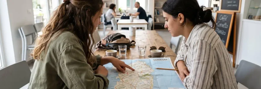 Un couple vu de dos consulte ensemble une carte de la Sardaigne posée sur une table en bois, dans un intérieur lumineux moderne