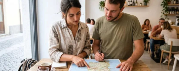 Un couple vu de dos consulte ensemble une carte de la Sardaigne posée sur une table en bois, dans un intérieur lumineux moderne