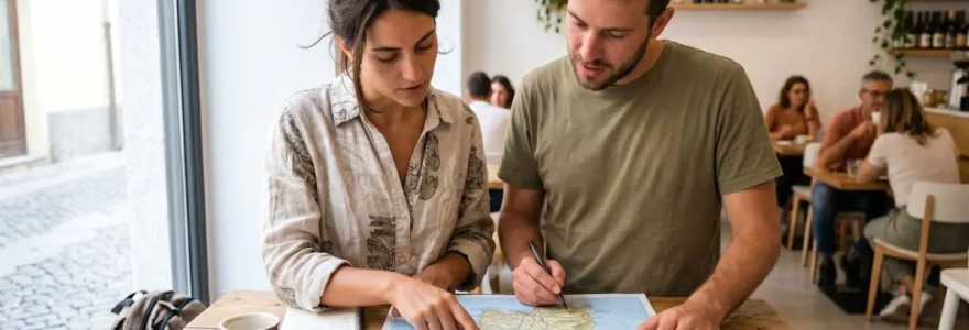 Un couple vu de dos consulte ensemble une carte de la Sardaigne posée sur une table en bois, dans un intérieur lumineux moderne