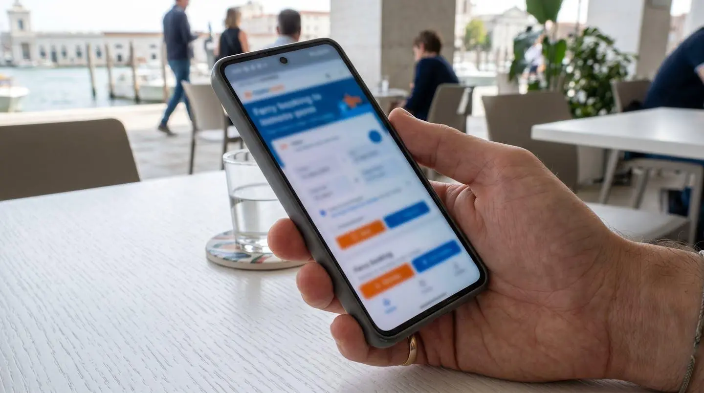 Gros plan sur une main tenant un smartphone affichant une réservation de ferry, l'écran est complètement flouté, surface de table moderne en arrière-plan