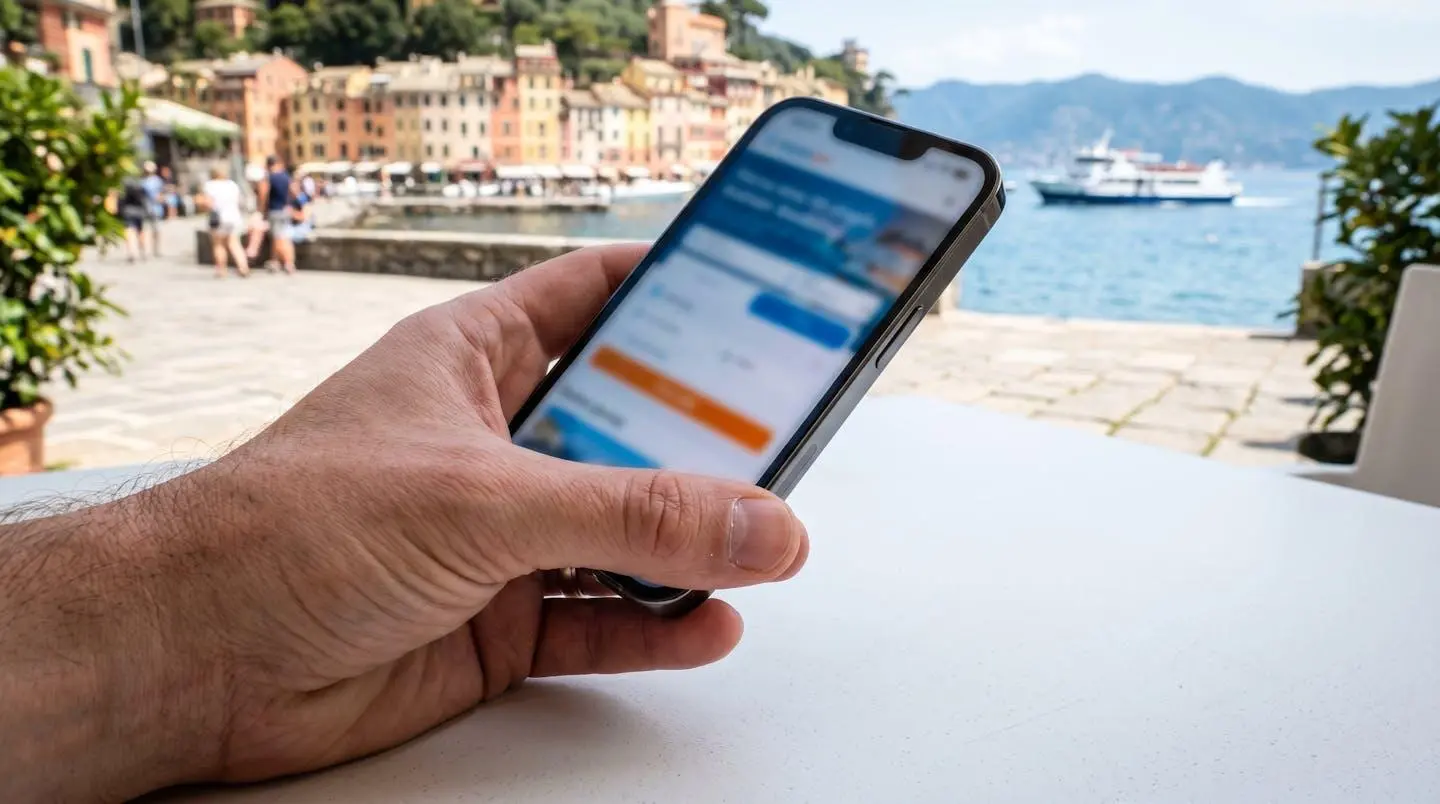 Gros plan sur une main tenant un smartphone affichant une réservation de ferry, l'écran est complètement flouté, surface de table moderne en arrière-plan