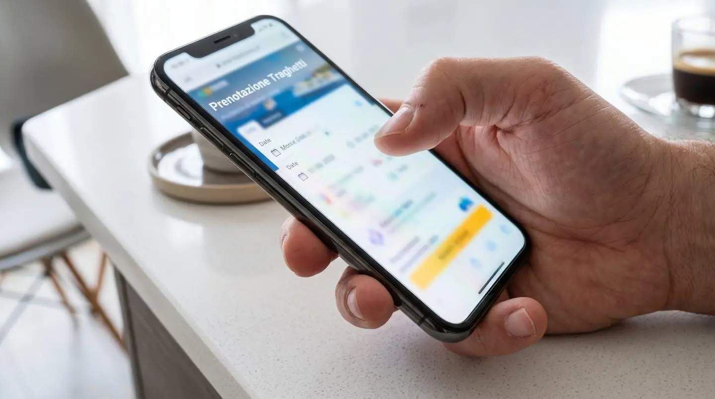 Gros plan sur une main tenant un smartphone affichant une réservation de ferry, l'écran est complètement flouté, surface de table moderne en arrière-plan