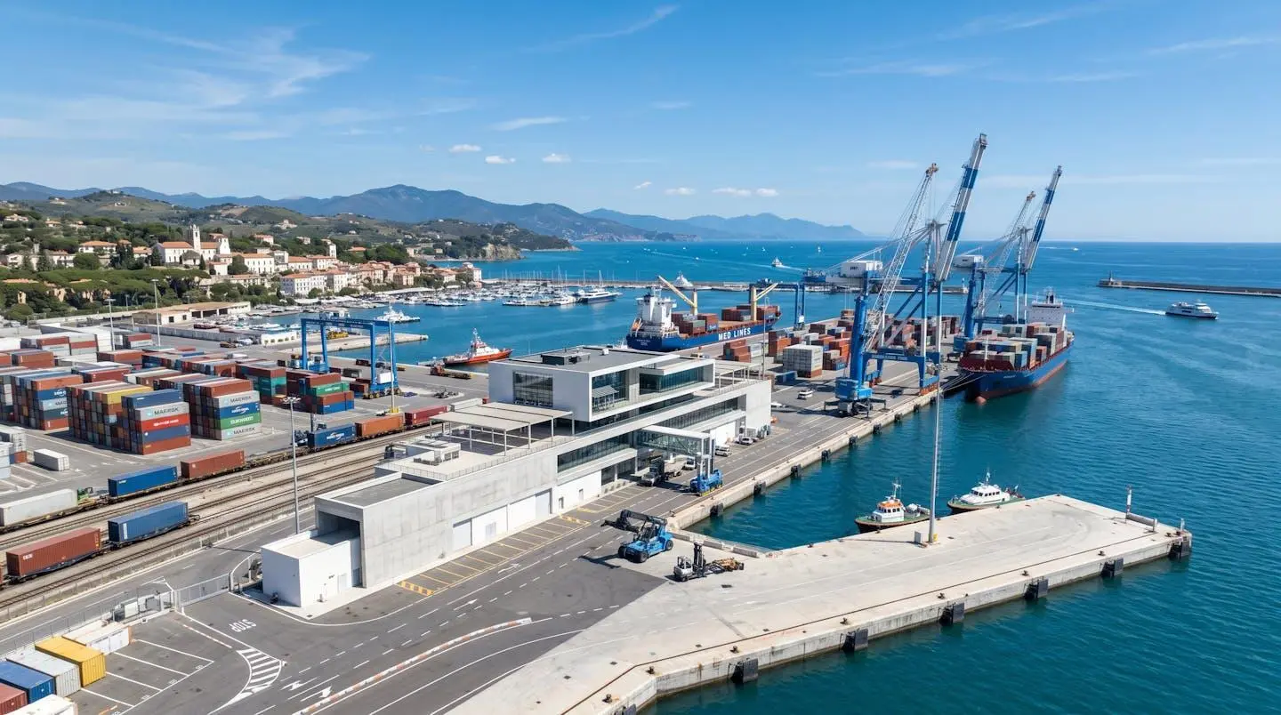 Vue large d'un port méditerranéen moderne avec ses infrastructures maritimes, quais et bâtiments portuaires, ciel bleu lumineux, architecture italienne contemporaine