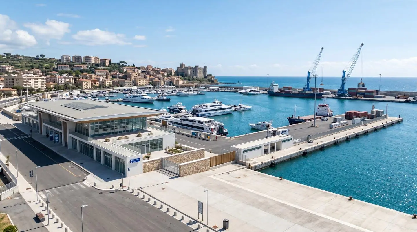 Vue large d'un port méditerranéen moderne avec ses infrastructures maritimes, quais et bâtiments portuaires, ciel bleu lumineux, architecture italienne contemporaine