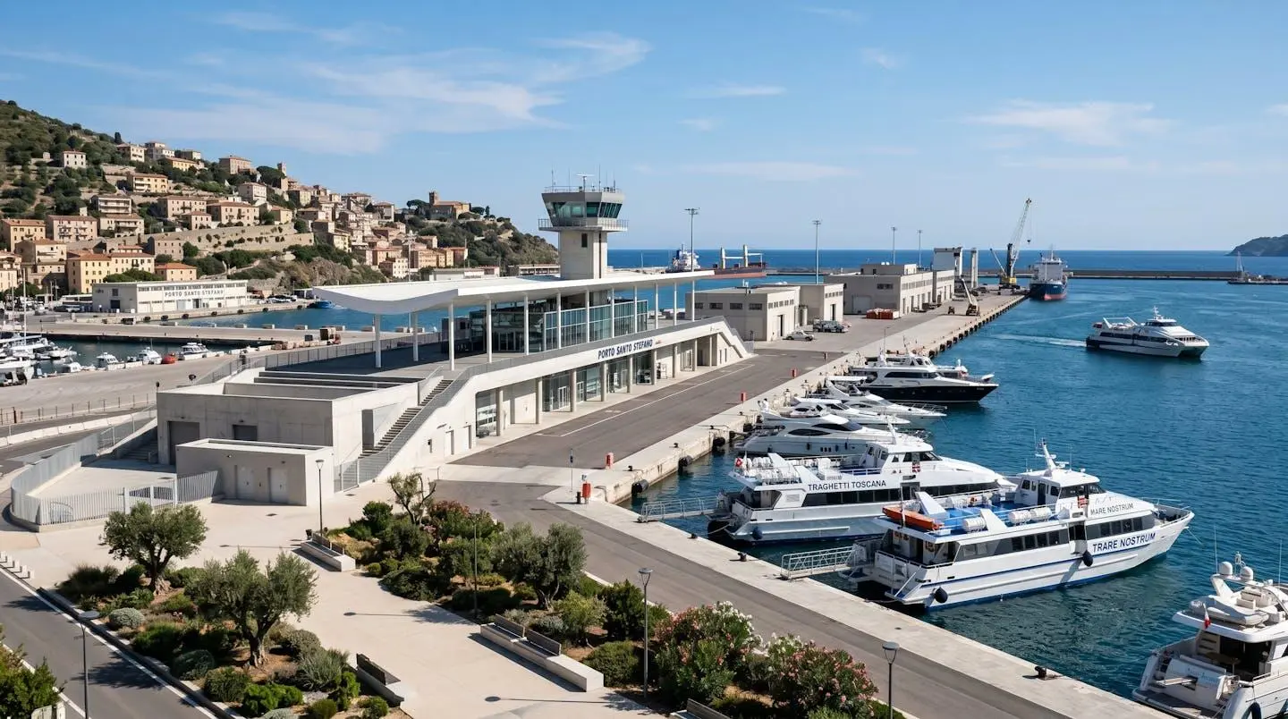 Vue large d'un port méditerranéen moderne avec ses infrastructures maritimes, quais et bâtiments portuaires, ciel bleu lumineux, architecture italienne contemporaine