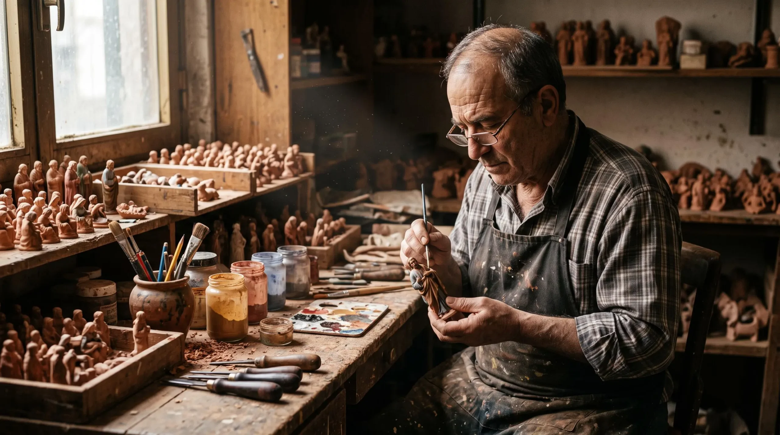 Artisan napolitain peignant une figurine de crèche au pinceau fin dans son atelier traditionnel baigné de lumière naturelle.