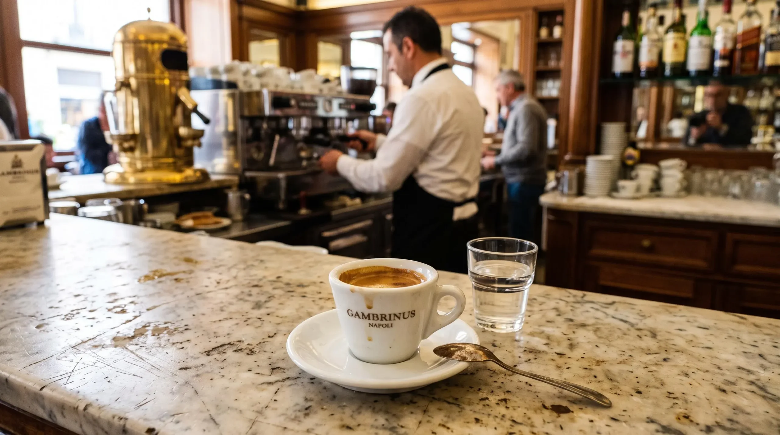 Tasse de café espresso sur le comptoir en marbre usé d'un café traditionnel napolitain, avec le barista en arrière-plan.