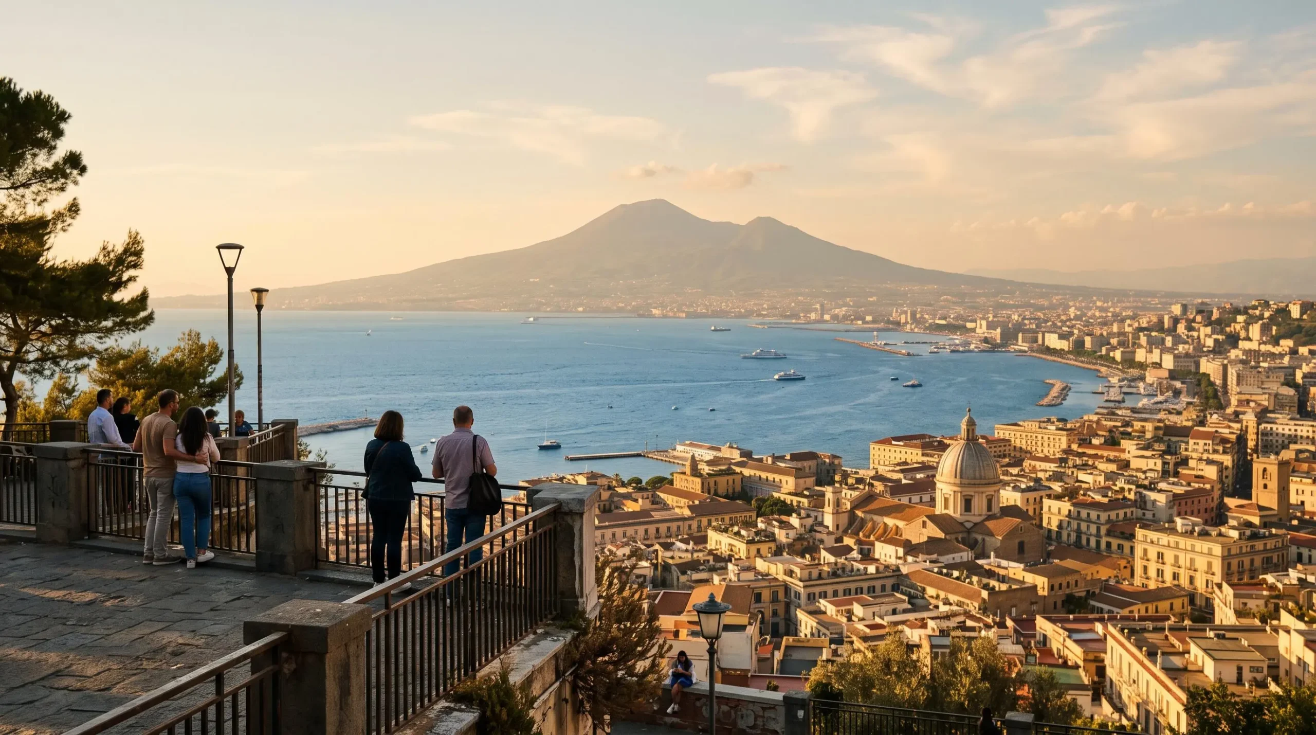 Vue panoramique de la baie de Naples au coucher du soleil avec le Vésuve en arrière-plan et les toits de la ville au premier plan.
