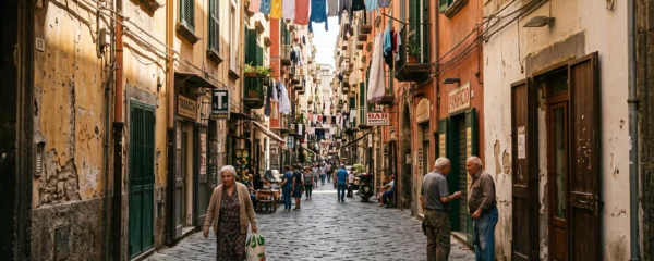 Ruelle animée de Spaccanapoli à Naples avec façades ocre et terracotta, linge suspendu et passants locaux en fin de journée.