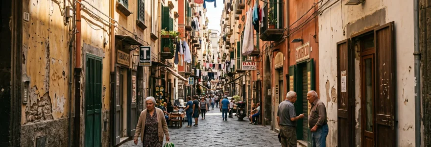 Ruelle animée de Spaccanapoli à Naples avec façades ocre et terracotta, linge suspendu et passants locaux en fin de journée.